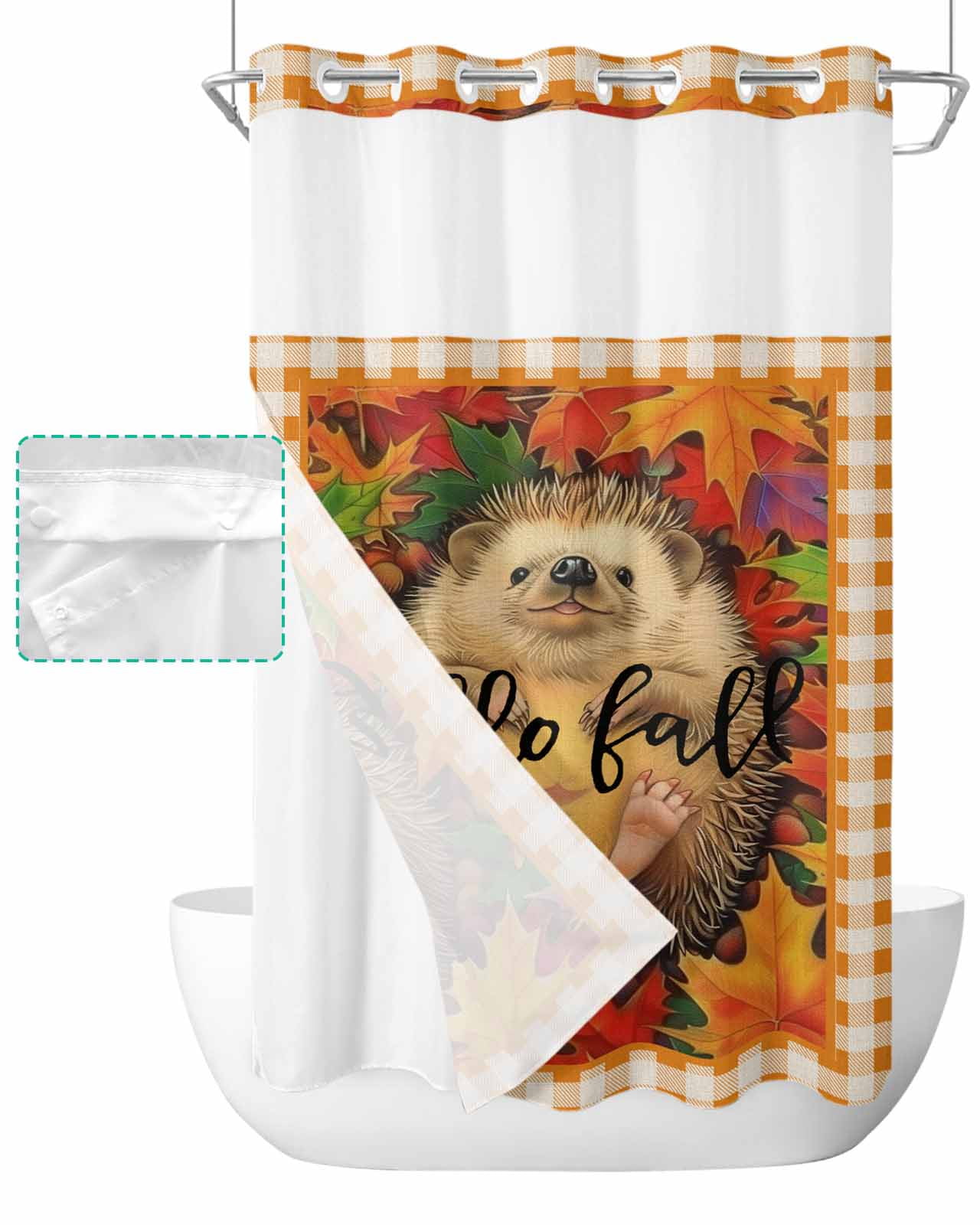 No Hook Shower Curtain with Snap in Liner, Fall Thanksgiving Hedgehog