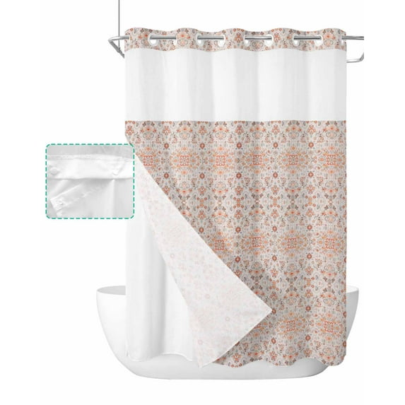 No Hook Shower Curtain with Snap in Liner, Floral Boho Persian Tribal Style Flowers Hotel Shower Curtains for Bathroom, Washable Shower Curtain Liner Set with Mesh Top Window, 48"x72"