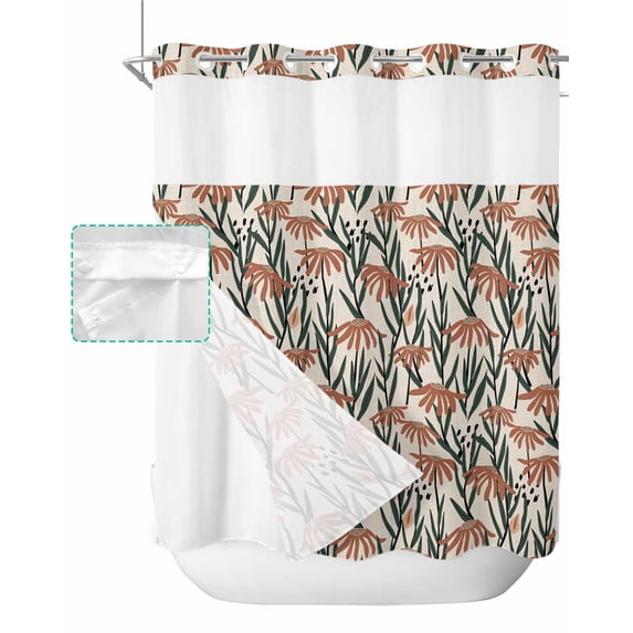 No Hook Shower Curtain with Snap in Liner, Flowers Beige Daisy Pattern Hotel Shower Curtains for Bathroom, Washable Shower Curtain Liner Set with Mesh Top Window, 72”x78”