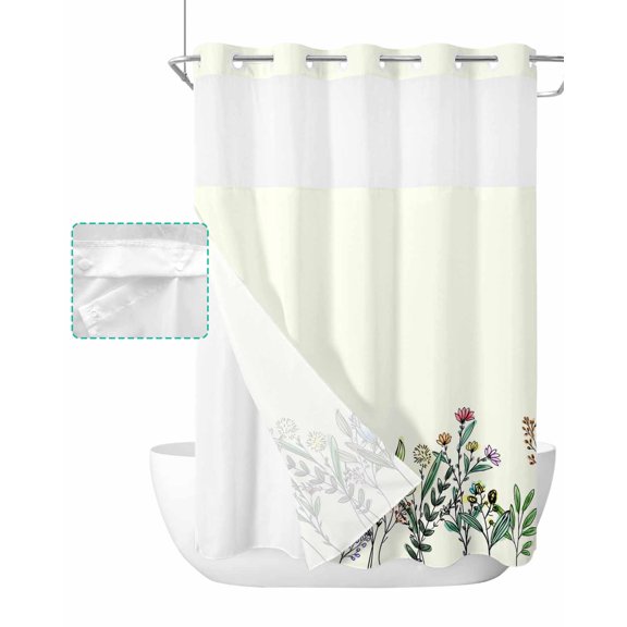 No Hook Shower Curtain with Snap in Liner, Flowers Plants Beige Background Hotel Shower Curtains for Bathroom, Washable Shower Curtain Liner Set with Mesh Top Window, 60"x72"