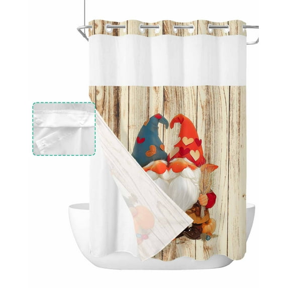 No Hook Shower Curtain with Snap in Liner, Funny Gnomes Wood Texture Harvest Pattern Hotel Shower Curtains for Bathroom, Washable Shower Curtain Liner Set with Mesh Top Window, 72"x84"