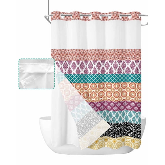 No Hook Shower Curtain with Snap in Liner, Geometric Bohemia Stripes Blue Orange and Yellow Hotel Shower Curtains for Bathroom, Washable Shower Curtain Liner Set with Mesh Top Window, 72"x96"