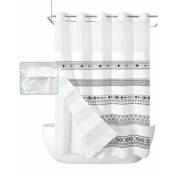No Hook Shower Curtain with Snap in Liner, Geometric Hand Drawn White Ethnic Stripes Hotel Shower Curtains for Bathroom, Washable Shower Curtain Liner Set with Mesh Top Window, 72"x96"