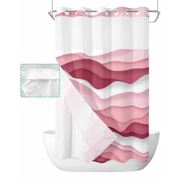 No Hook Shower Curtain with Snap in Liner, Gradient Ocean Waves Pink Gradient Waves Hotel Shower Curtains for Bathroom, Washable Shower Curtain Liner Set with Mesh Top Window, 36"x78"