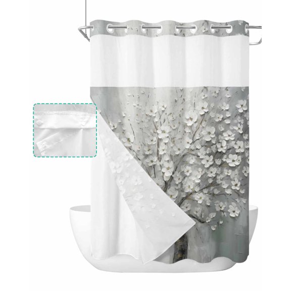 No Hook Shower Curtain with Snap in Liner, Gray Gradient Oil Painting With Flower Overlay Pattern Hotel Shower Curtains for Bathroom, Washable Shower Curtain Liner Set with Mesh Top Window, 72"x84"