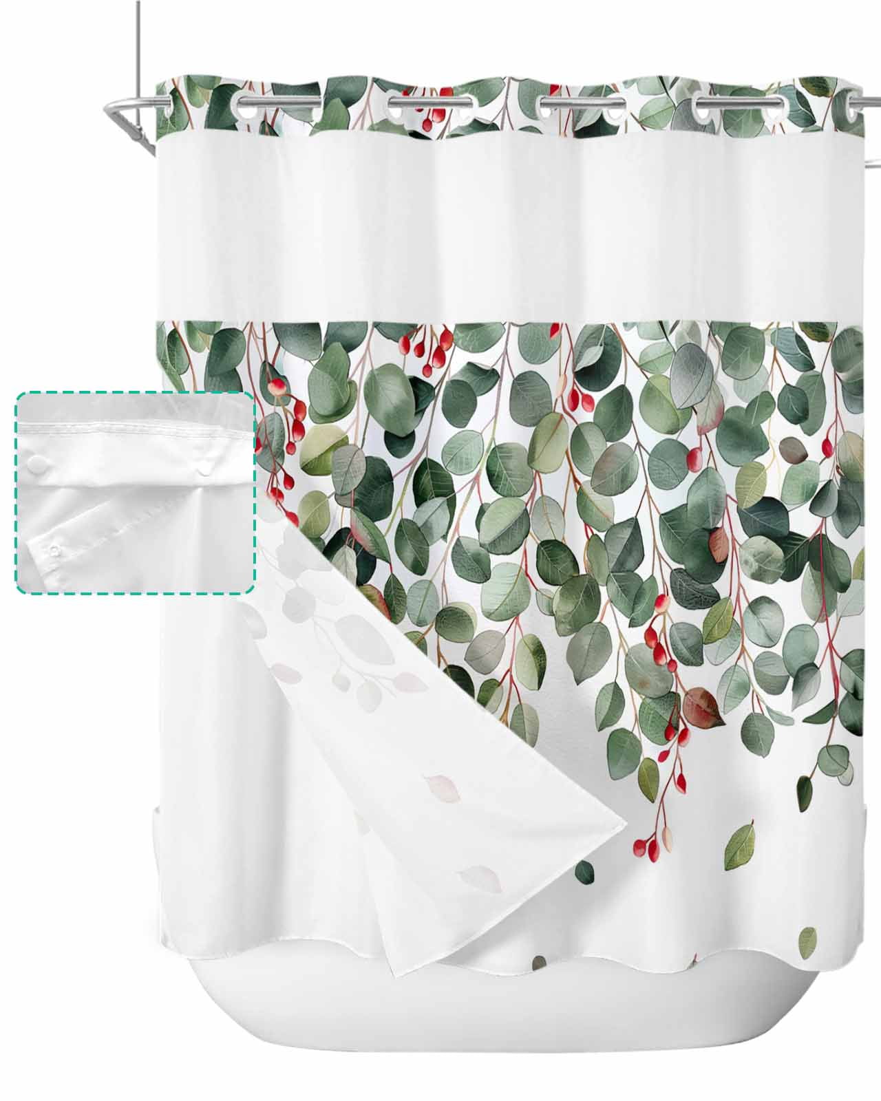 Green Eucalyptus Leaves Hookless Shower Curtain with Snap-in Liner