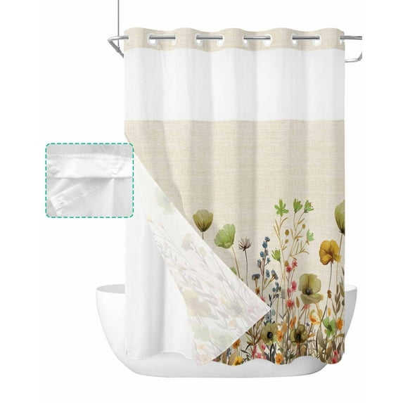 No Hook Shower Curtain with Snap in Liner, Green Flowers Plants Watercolor Floral Retro Linen Hotel Shower Curtains for Bathroom, Washable Shower Curtain Liner Set with Mesh Top Window, 48"x72"