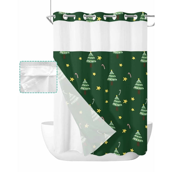 No Hook Shower Curtain with Snap in Liner, Green Merry Christmas Xmas Trees Golden Star and Candy Hotel Shower Curtains for Bathroom, Washable Shower Curtain Liner Set with Mesh Top Window, 60"x72"