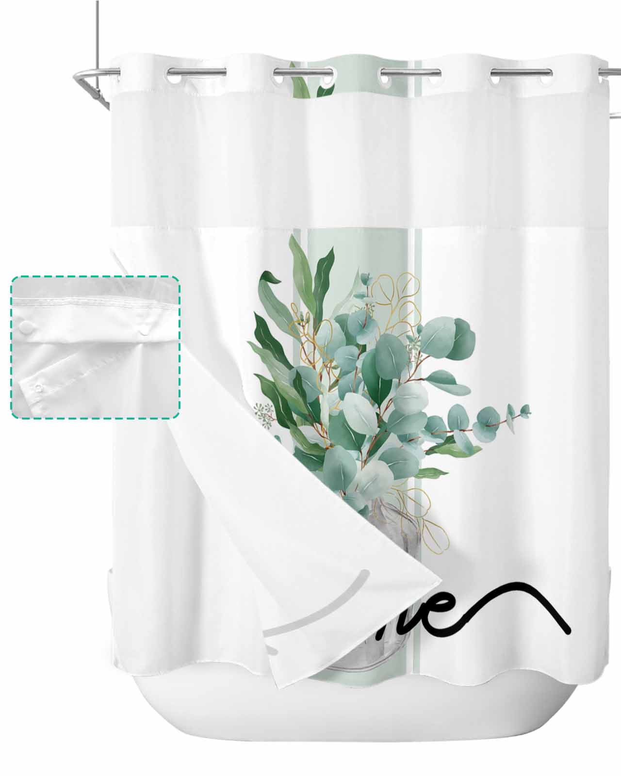 Green Eucalyptus Leaves Hookless Shower Curtain with Snap-in Liner