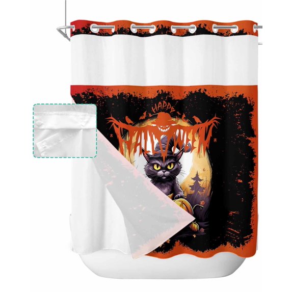 No Hook Shower Curtain with Snap in Liner, Halloween Horror Pumpkin Black Cat Bat Hotel Shower Curtains for Bathroom, Washable Shower Curtain Liner Set with Mesh Top Window, 72”x78”