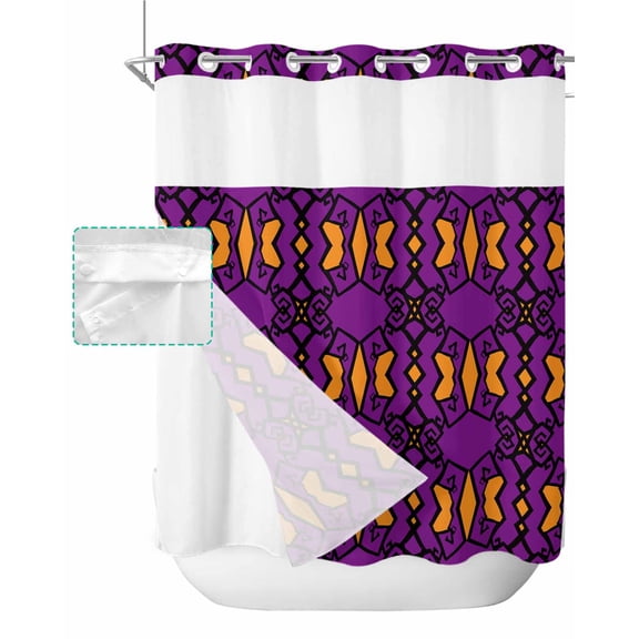 No Hook Shower Curtain with Snap in Liner, Hallowmas Hand Drawn Symmetry Violet Texture Hotel Shower Curtains for Bathroom, Washable Shower Curtain Liner Set with Mesh Top Window, 72”x78”
