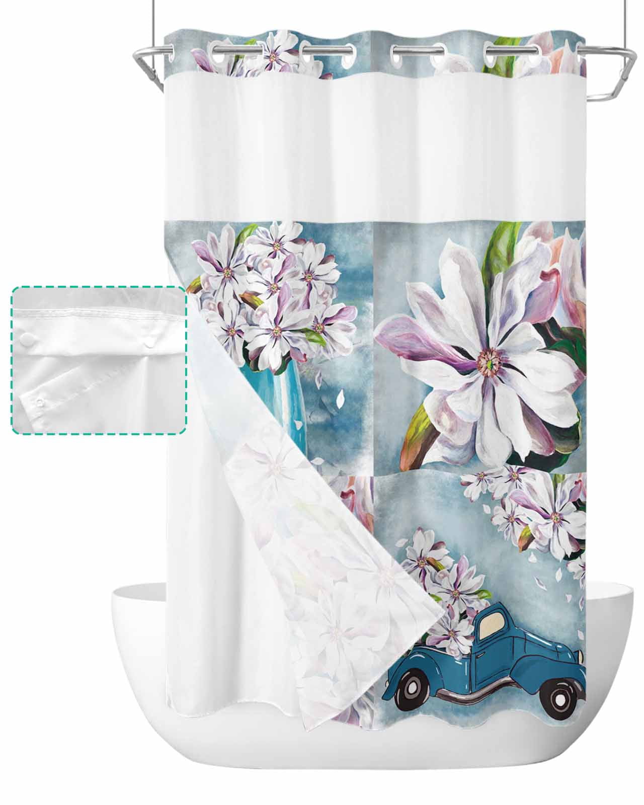 No Hook Shower Curtain with Snap in Liner Hand Drawn Magnolia White ...