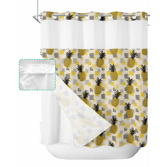 No Hook Shower Curtain with Snap in Liner, Hand Drawn Summer Watercolor Yellow Pineapple Hotel Shower Curtains for Bathroom, Washable Shower Curtain Liner Set with Mesh Top Window, 72”x78”