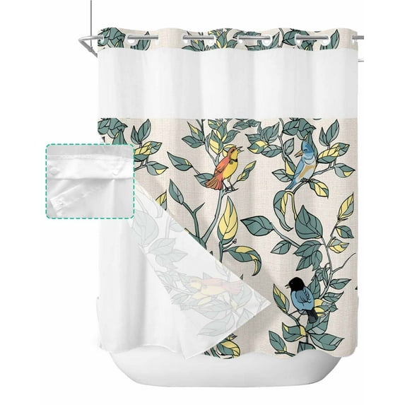 No Hook Shower Curtain with Snap in Liner, Hand-painted Plant Bird Vine Birdhouse Hotel Shower Curtains for Bathroom, Washable Shower Curtain Liner Set with Mesh Top Window, 66"x72"