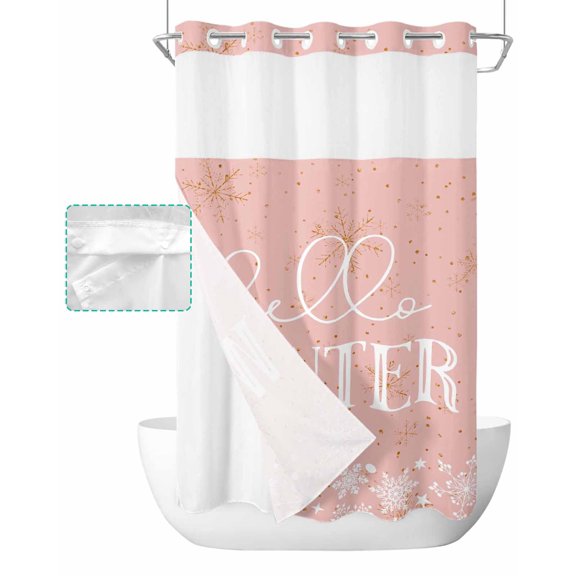 No Hook Shower Curtain with Snap in Liner, Hello Winter Christmas Snowflake Pink Hotel Shower Curtains for Bathroom, Washable Shower Curtain Liner Set with Mesh Top Window, 36"x72"