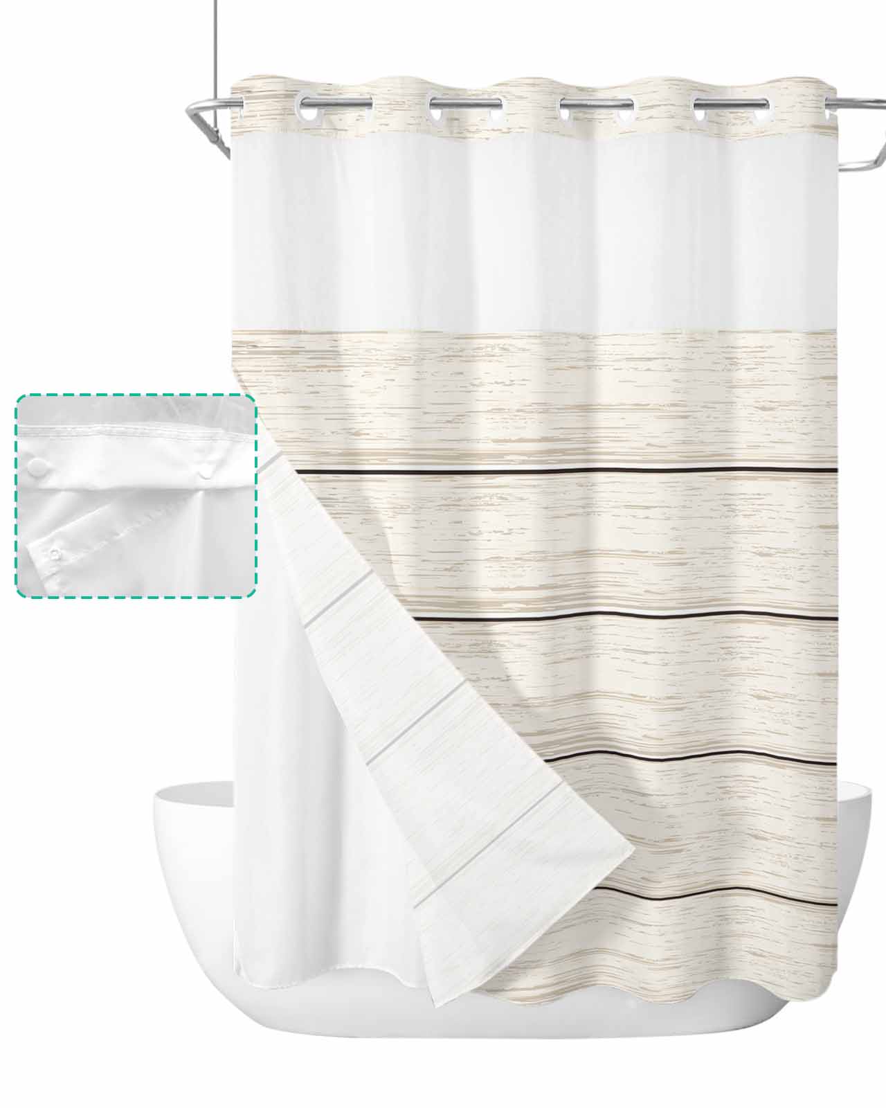 No Hook Shower Curtain with Snap in Liner Ivory Wood Grain Solid Color