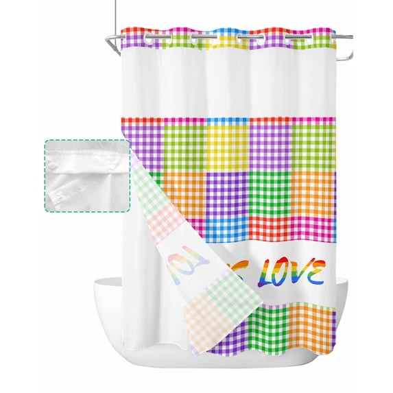 No Hook Shower Curtain with Snap in Liner, LOVE IS LOVE Rainbow Colored Plaid Hotel Shower Curtains for Bathroom, Washable Shower Curtain Liner Set with Mesh Top Window, 48"x72"