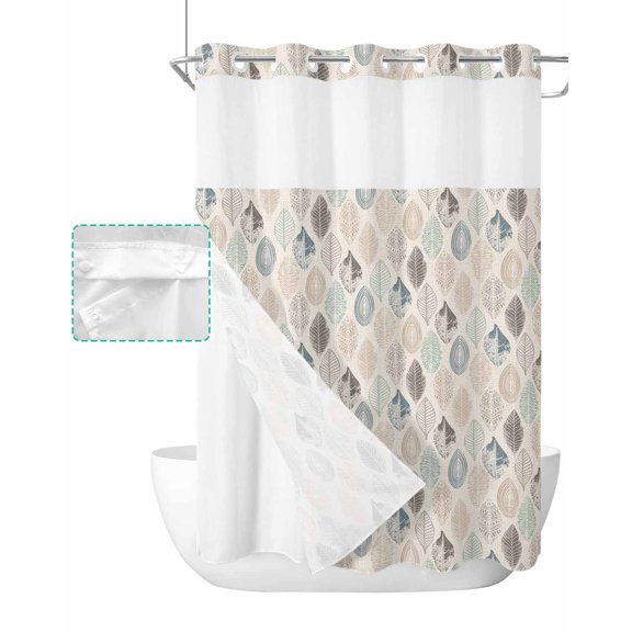 No Hook Shower Curtain with Snap in Liner, Leaves Specimens Blue Khaki Teal Grey Burlap Background Hotel Shower Curtains for Bathroom, Washable Shower Curtain Liner Set with Mesh Top Window, 48"x72"