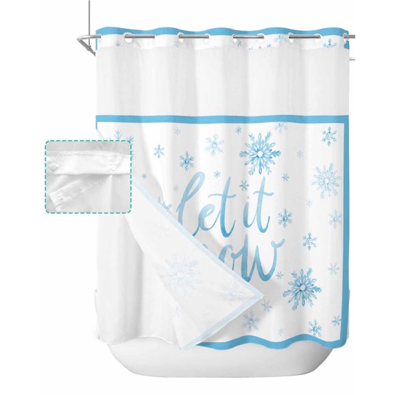 No Hook Shower Curtain with Snap in Liner, Let it Snow Christmas Winter Blue Snowflake Hotel Shower Curtains for Bathroom, Washable Shower Curtain Liner Set with Mesh Top Window, 72”x78”