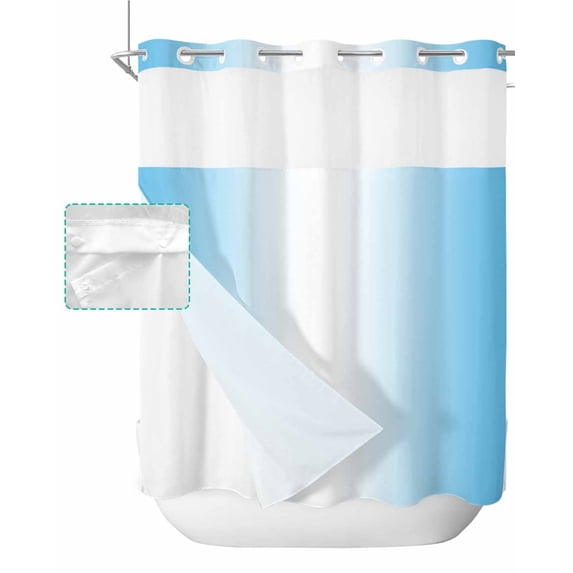 No Hook Shower Curtain with Snap in Liner, Light Blue and White Gradient Hotel Shower Curtains for Bathroom, Washable Shower Curtain Liner Set with Mesh Top Window, 66"x72"