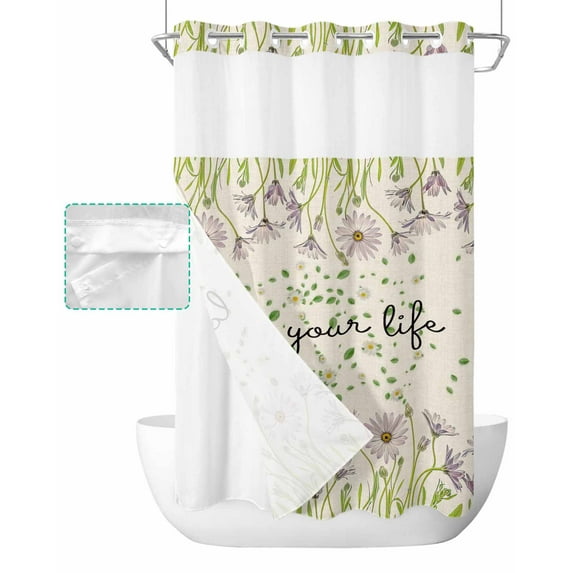 No Hook Shower Curtain with Snap in Liner, Love Your Life Vintage Flowers Purple Floral Hotel Shower Curtains for Bathroom, Washable Shower Curtain Liner Set with Mesh Top Window, 36"x78"