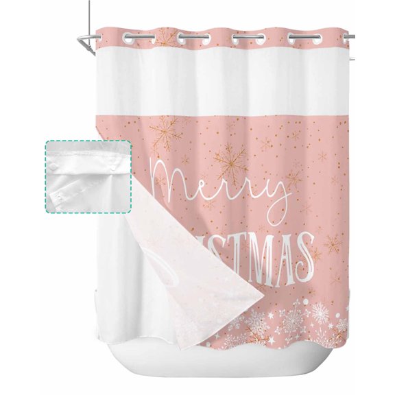 No Hook Shower Curtain with Snap in Liner, Merry Christmas Winter Snowflake Pink Hotel Shower Curtains for Bathroom, Washable Shower Curtain Liner Set with Mesh Top Window, 72"x72"