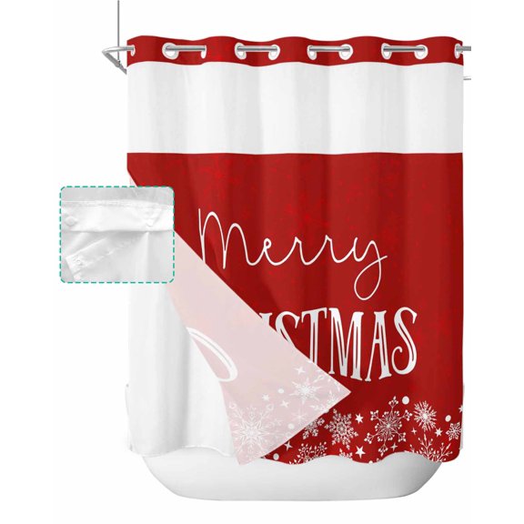 No Hook Shower Curtain with Snap in Liner, Merry Christmas Winter Snowflake Red Hotel Shower Curtains for Bathroom, Washable Shower Curtain Liner Set with Mesh Top Window, 72”x78”