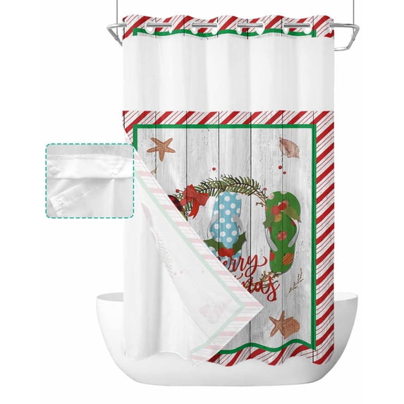 No Hook Shower Curtain with Snap in Liner, Merry Christmas Wreath Colorful Slippers Seashells Hotel Shower Curtains for Bathroom, Washable Shower Curtain Liner Set with Mesh Top Window, 36"x78"