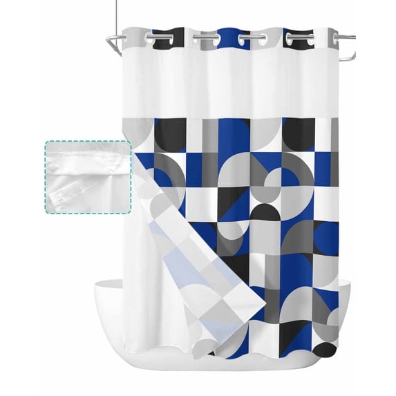 No Hook Shower Curtain with Snap in Liner, Mid Century Navy Blue Grey Abstract Retro Geometric Modern Shower Curtains for Bathroom, Washable Shower Curtain Liner Set with Mesh Top Window, 60"x72"