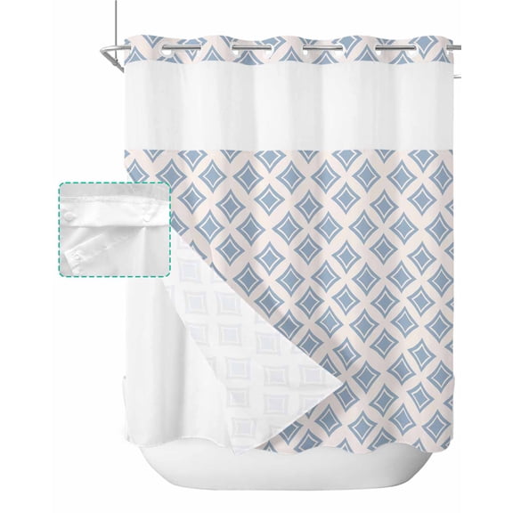 No Hook Shower Curtain with Snap in Liner, Modern Abstract Geometric Pattern Retro Blue Geometric Hotel Shower Curtains for Bathroom, Washable Shower Curtain Liner Set with Mesh Top Window, 72”x78”