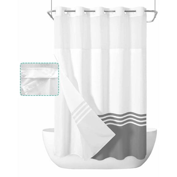 No Hook Shower Curtain with Snap in Liner, Modern Art Grey White Simple Striped Farmhouse Hotel Shower Curtains for Bathroom, Washable Shower Curtain Liner Set with Mesh Top Window, 36"x78"