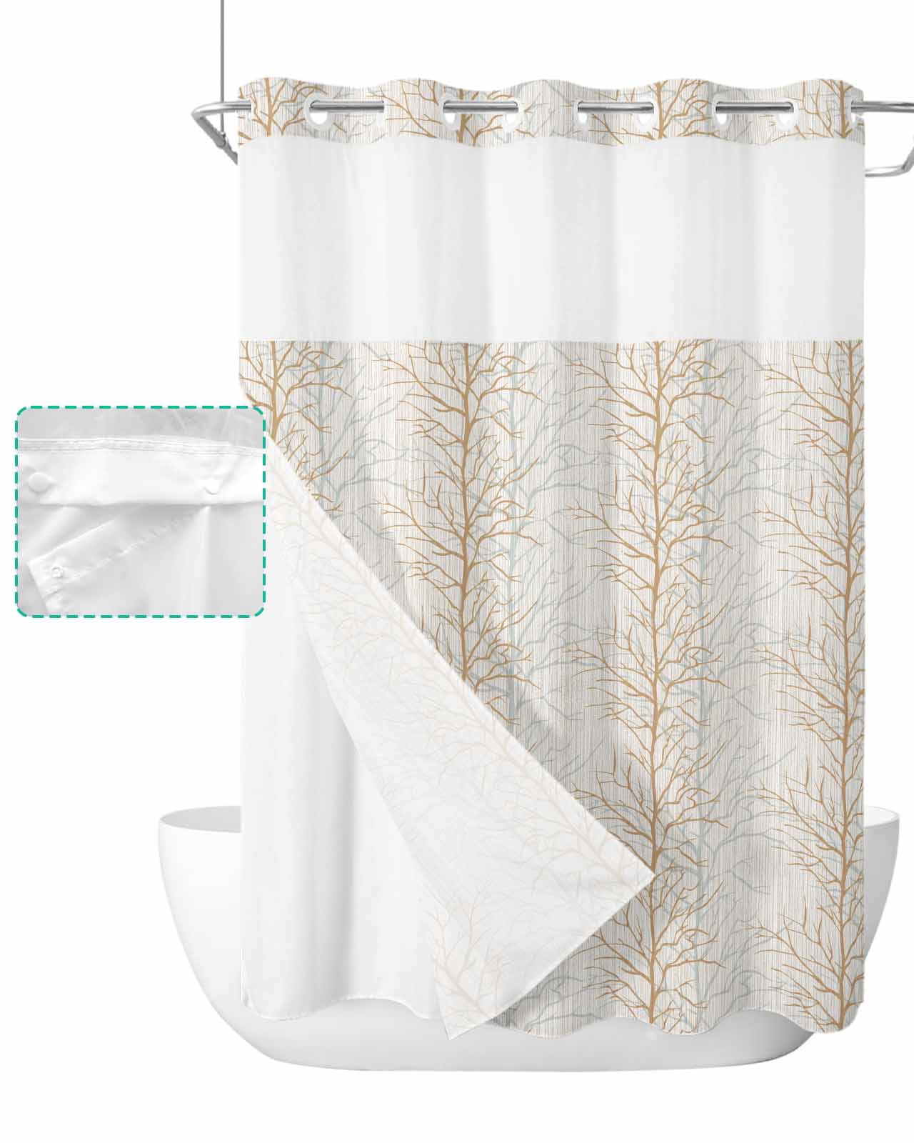 No Hook Shower Curtain with Snap in Liner, Modern Botanical Beige Tree ...