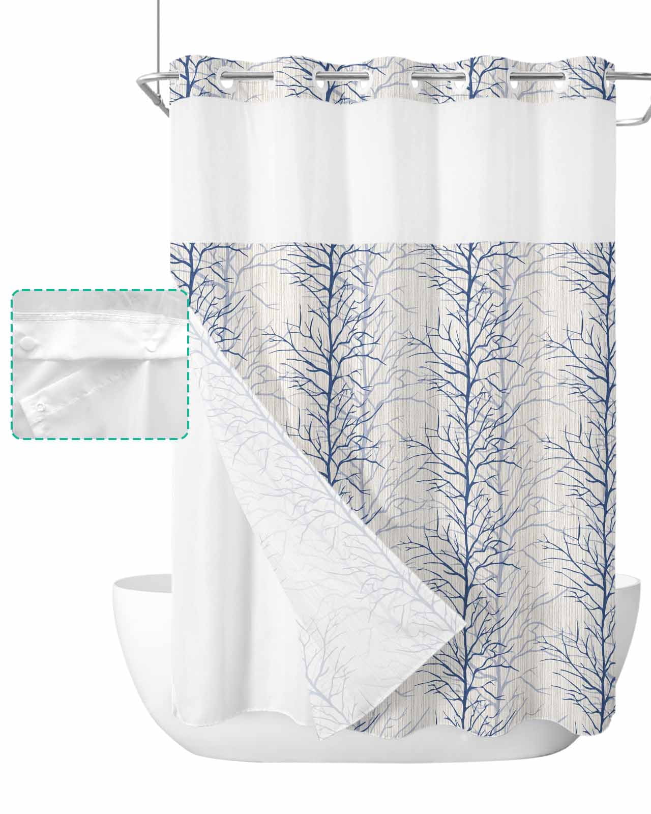 No Hook Shower Curtain with Snap in Liner, Modern Botanical Blue Tree ...