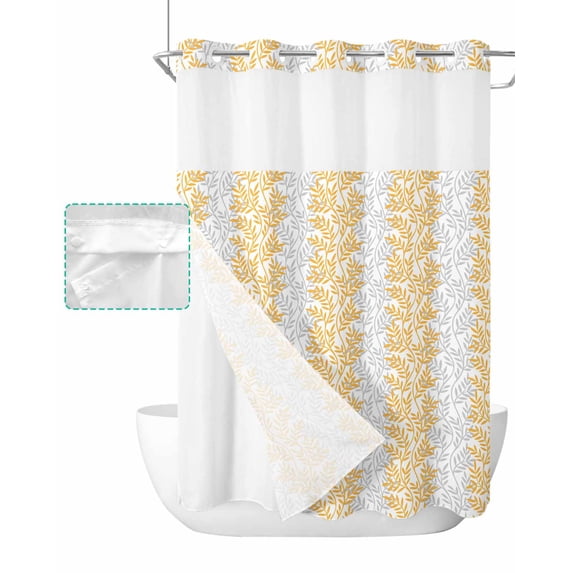 No Hook Shower Curtain with Snap in Liner, Modern Leaf Pattern Art Printing Design Hotel Shower Curtains for Bathroom, Washable Shower Curtain Liner Set with Mesh Top Window, 48"x72"
