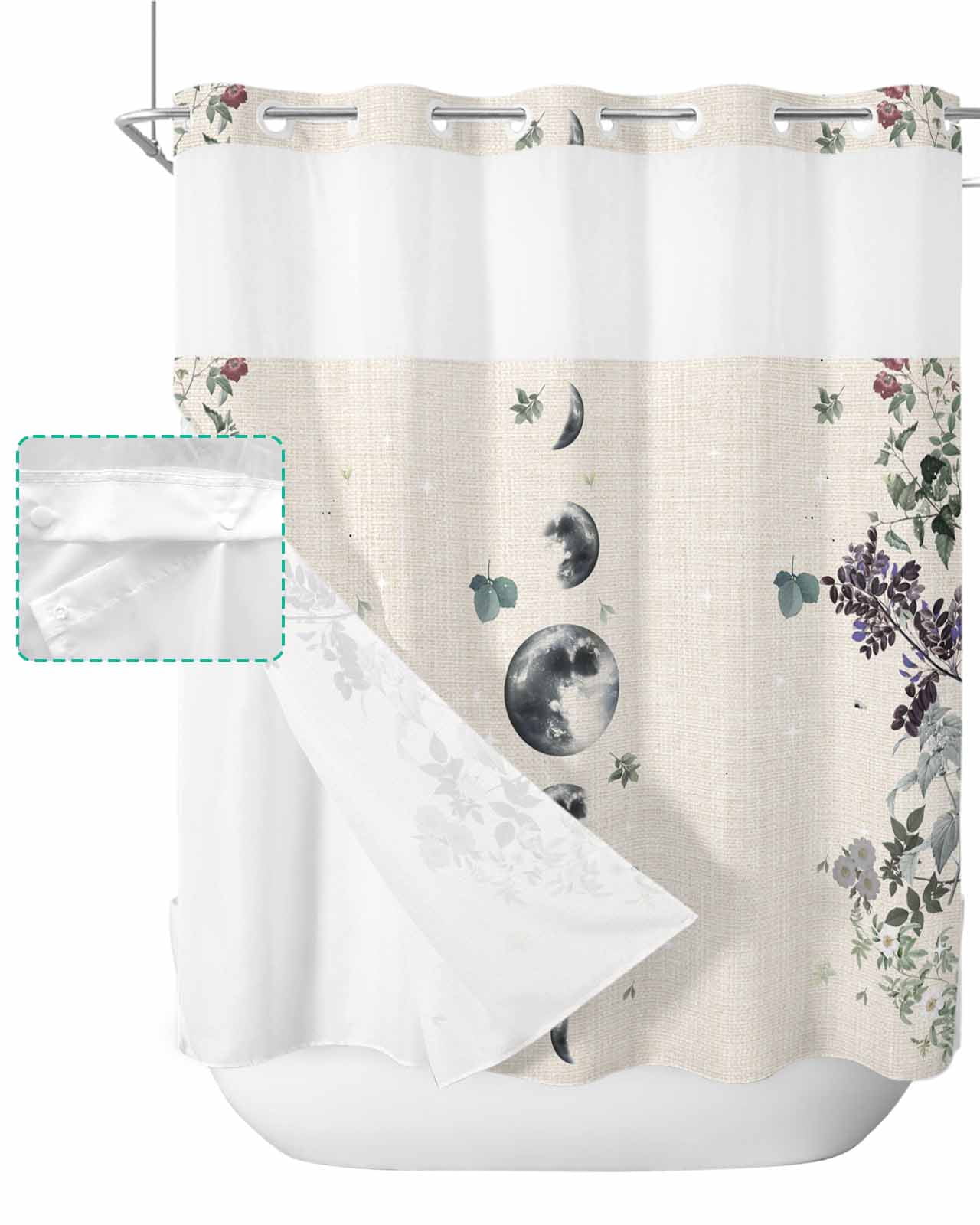 No Hook Shower Curtain with Snap in Liner, Moon Flowers Plants Retro