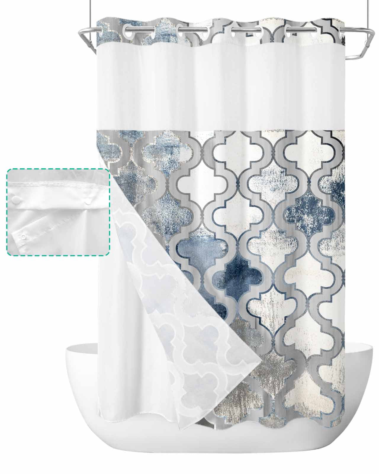 No Hook Shower Curtain with Snap in Liner, Morocco Geometric Lattice