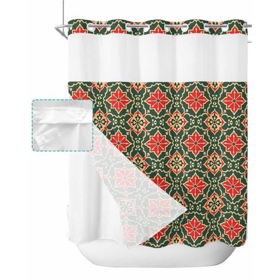 No Hook Shower Curtain with Snap in Liner, Morocco Red and Green Geometric Floral Hotel Shower Curtains for Bathroom, Washable Shower Curtain Liner Set with Mesh Top Window, 72”x78”