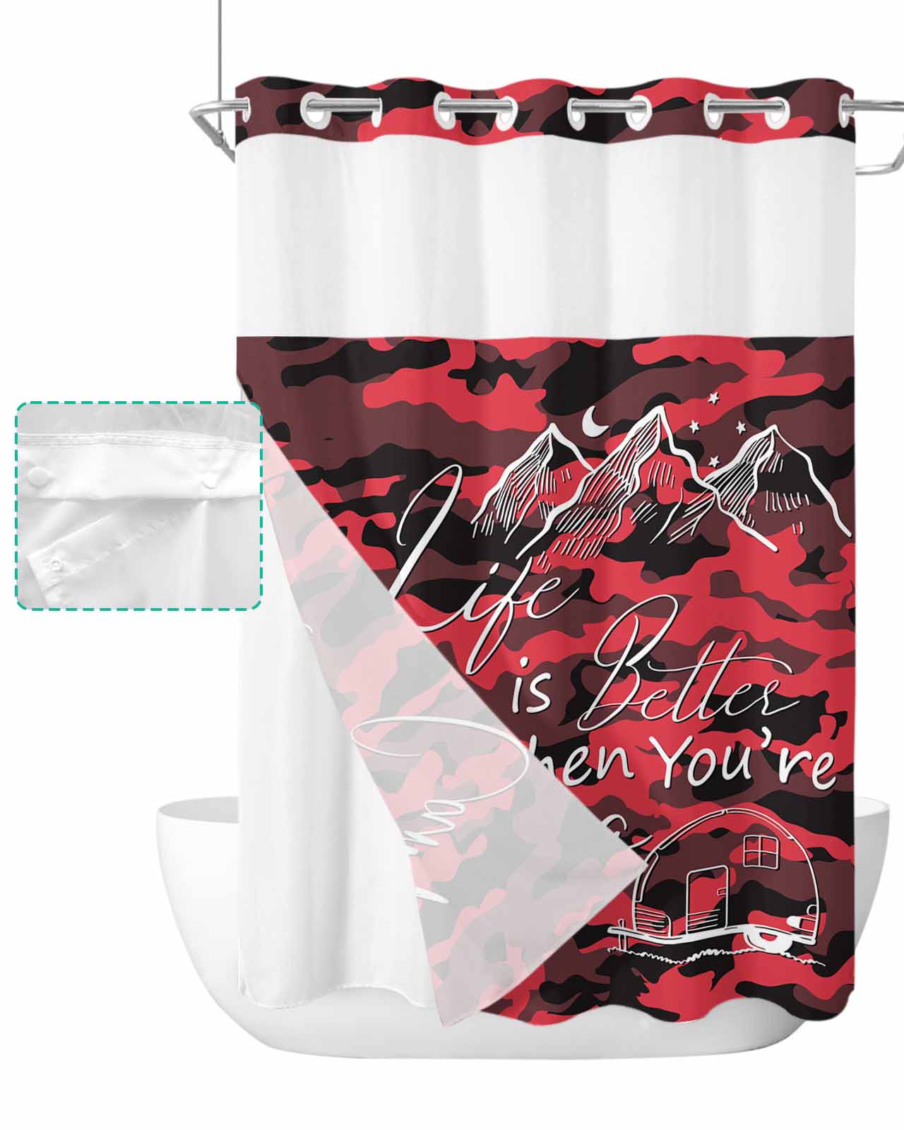 No Hook Shower Curtain with Snap in Liner Mountain Camping Car Simple