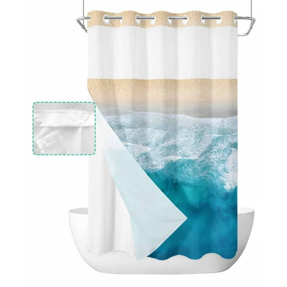 No Hook Shower Curtain with Snap in Liner, Ocean Beach Tropical Coast Wave Gradient Hotel Shower Curtains for Bathroom, Washable Shower Curtain Liner Set with Mesh Top Window, 36"x78"