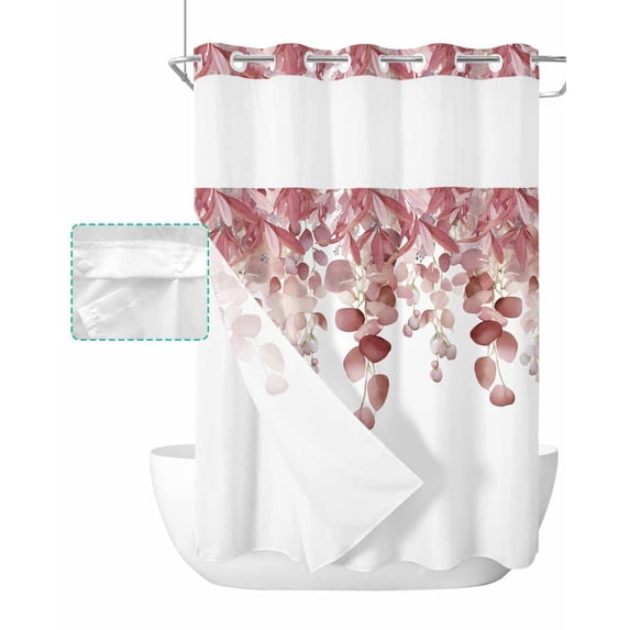 No Hook Shower Curtain with Snap in Liner, Pink Eucalyptus Leaves Watercolor Plants Hotel Shower Curtains for Bathroom, Washable Shower Curtain Liner Set with Mesh Top Window, 72"x96"