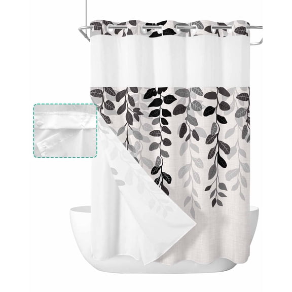 No Hook Shower Curtain with Snap in Liner, Plant Dark Grey Leaves Gradient Linen Texture Hotel Shower Curtains for Bathroom, Washable Shower Curtain Liner Set with Mesh Top Window, 60"x72"