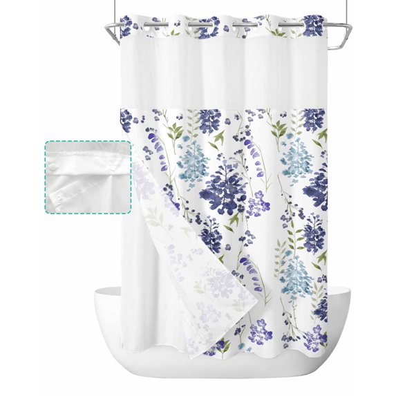 No Hook Shower Curtain with Snap in Liner, Plant Flower Watercolor Illustration Purple Hotel Shower Curtains for Bathroom, Washable Shower Curtain Liner Set with Mesh Top Window, 36"x78"