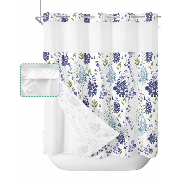 No Hook Shower Curtain with Snap in Liner, Plant Flower Watercolor Illustration Purple Hotel Shower Curtains for Bathroom, Washable Shower Curtain Liner Set with Mesh Top Window, 66"x72"