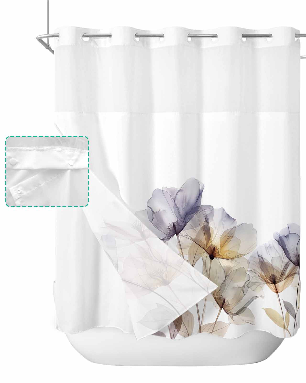 No Hook Shower Curtain with Snap in Liner, Purple Watercolor Flower ...
