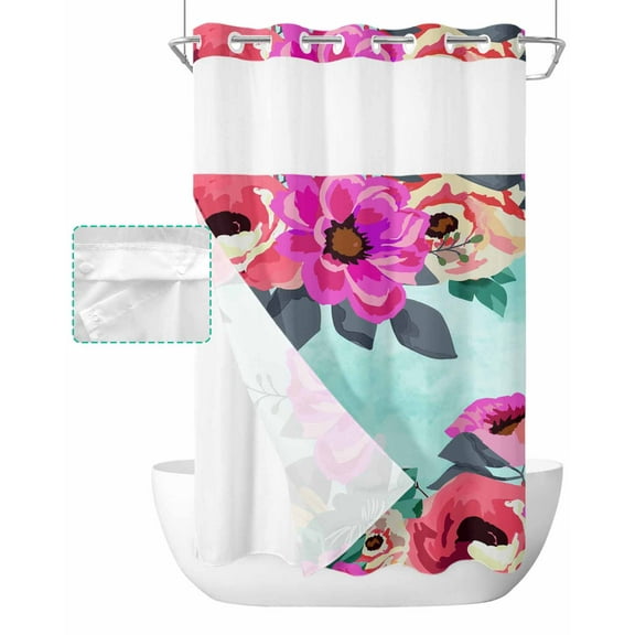 No Hook Shower Curtain with Snap in Liner, Red Peony Watercolor Plant Illustration Hotel Shower Curtains for Bathroom, Washable Shower Curtain Liner Set with Mesh Top Window, 36"x72"