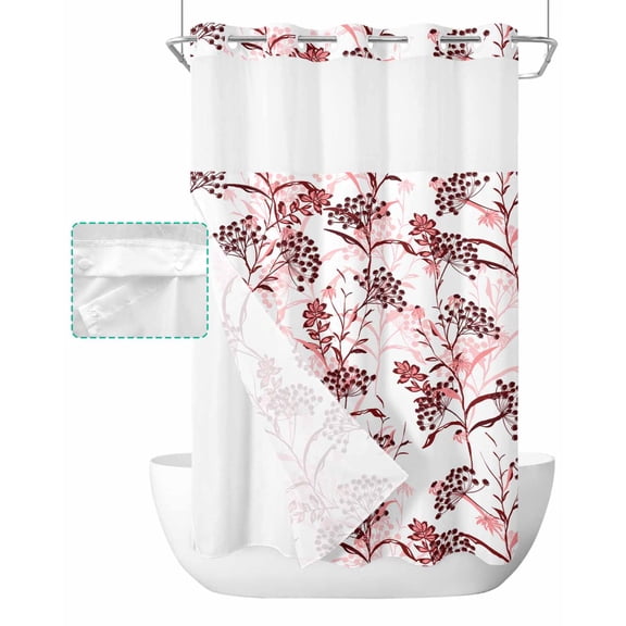 No Hook Shower Curtain with Snap in Liner, Red Plant and Fruits Texture Hotel Shower Curtains for Bathroom, Washable Shower Curtain Liner Set with Mesh Top Window, 36"x72"