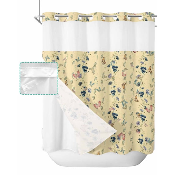 No Hook Shower Curtain with Snap in Liner, Retro Flowers Floral with Leaves Butterfly Yellow Hotel Shower Curtains for Bathroom, Washable Shower Curtain Liner Set with Mesh Top Window, 66"x72"