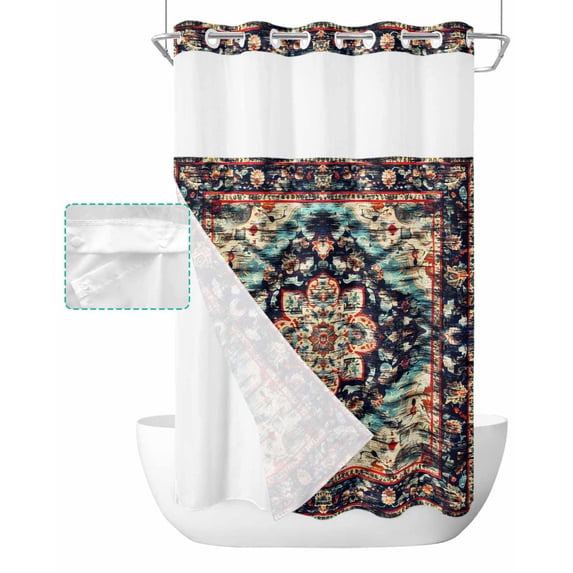 No Hook Shower Curtain with Snap in Liner, Retro Middle Ages Abstract Geometric Texture Hotel Shower Curtains for Bathroom, Washable Shower Curtain Liner Set with Mesh Top Window, 54"x78"