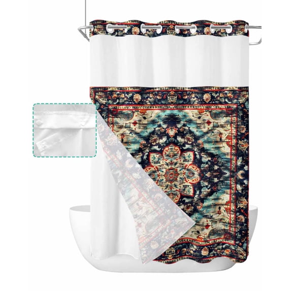 No Hook Shower Curtain with Snap in Liner, Retro Middle Ages Abstract Geometric Texture Hotel Shower Curtains for Bathroom, Washable Shower Curtain Liner Set with Mesh Top Window, 72"x96"