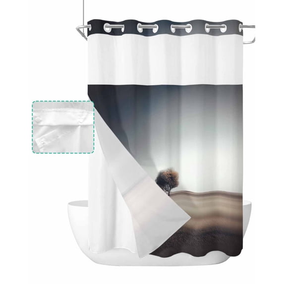 No Hook Shower Curtain with Snap in Liner, Retro Tree Grassland Landscape Painting Hotel Shower Curtains for Bathroom, Washable Shower Curtain Liner Set with Mesh Top Window, 60"x72"